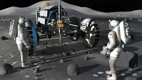  Vue d&#039;artiste montrant deux astronautes exploitant les ressources minières de la Lune. © NASA 