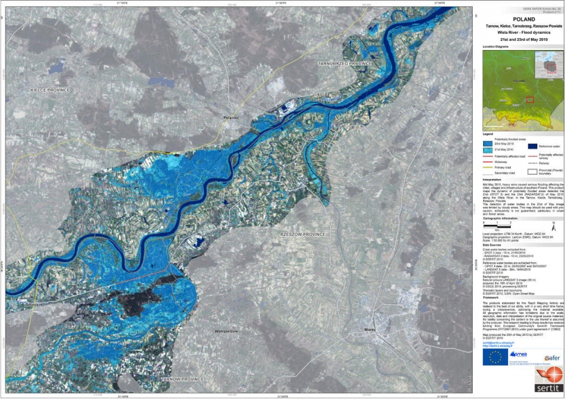 Exemple de carte d’inondation livrée par SAFER et produite par le SERTIT à partir d’une image Radarsat-2 © SERTIT)