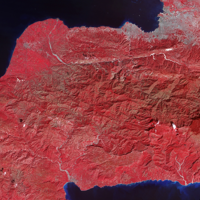  Image en fausses couleurs prises le 21 janvier 2010, 9 jours après le séisme. Les zones blanches signalent de possible glissements de terrain au milieu du couvert végétal (rouge). La capitale Port-au-Prince apparaît en gris, les rivières en ble...