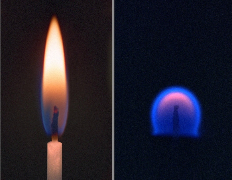 A gauche, une flamme sur Terre. A droite, la flamme en impesanteur, &quot;étouffée&quot; par les gaz qu&#039;elle a chauffés - © NASA/Lewis Research Center
